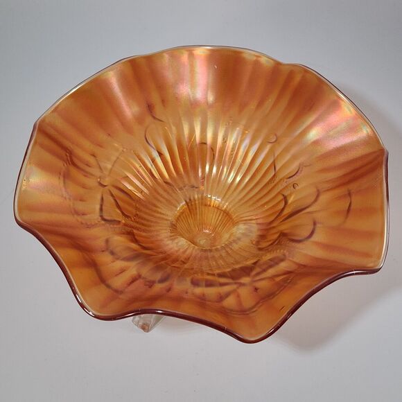 Vintage Northwood Orange Marigold Ruffle Ribbed 3 Footed Dish - Picture 2 of 9